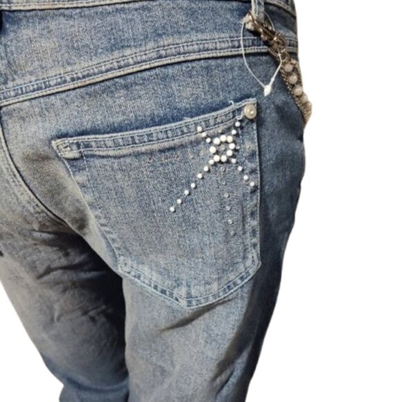 Bisou Bisou Vintage Rhinestone Women's Denim Jeans Blue Fade Size 10 with Chain - Picture 7 of 11